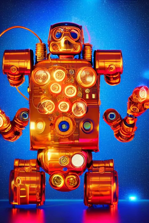 Image similar to portrait photo of a giant huge golden and blue metal humanoid steampunk robot dj with multicolored big gears and headphones, a red dj mixer, eyes are glowing red lightbulbs, shiny crisp finish, 3 d render, 8 k, insaneley detailed, fluorescent colors, background is multicolored lasershow