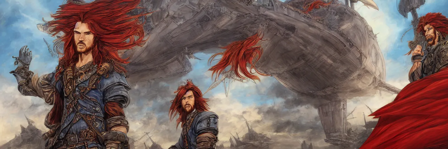 Prompt: colored pencils an epic fantasy comic book style portrait painting of a long haired, red headed male sky - pirate in front of an airship, character sheet, fine details, concept design, contrast, kim jung gi, pixar and da vinci, trending on artstation, 8 k, 3 6 0 head, turnaround, front view, back view, ultra wide angle