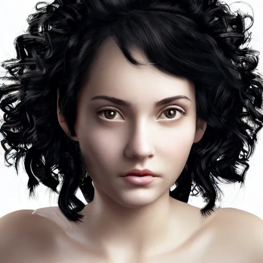 Prompt: portrait of a young lady with curly black hair with, round face, big brown eyes, ultra detailed, volumetric lighting,