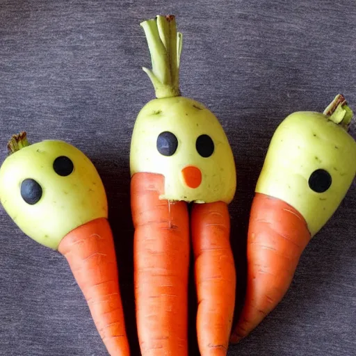 Prompt: a carrot an apple and a potato all with horrifying and cute faces at the same time, they dance with graceful steps and make strange gestures with their mouths