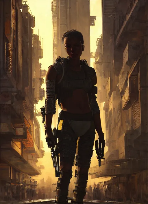 Image similar to 👩🏾🏭. cyberpunk mercenary in a military vest ( blade runner 2 0 4 9, cyberpunk 2 0 7 7 ). orientalist portrait by john william waterhouse and james gurney and theodore ralli and nasreddine dinet, oil on canvas. cinematic, hyper realism, realistic proportions, dramatic lighting, high detail 4 k