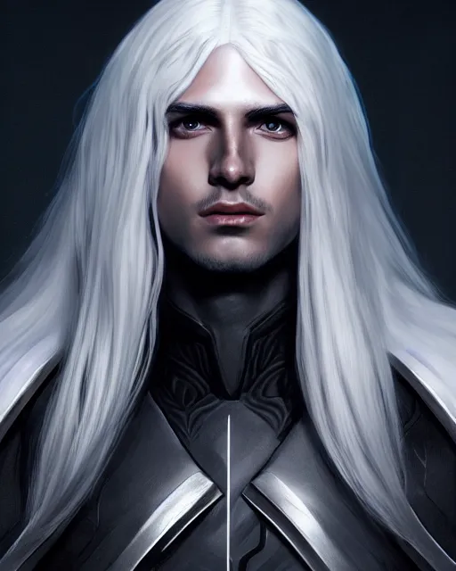 Prompt: portrait, beautiful male drow, long wavy white hair, super detailed, light black armor with silver accenting, cape, 8 k, filmic, octane render, sunlight, clouds, artstation, greg rutkowski, rossdraws, william bouguereau, sharp focus