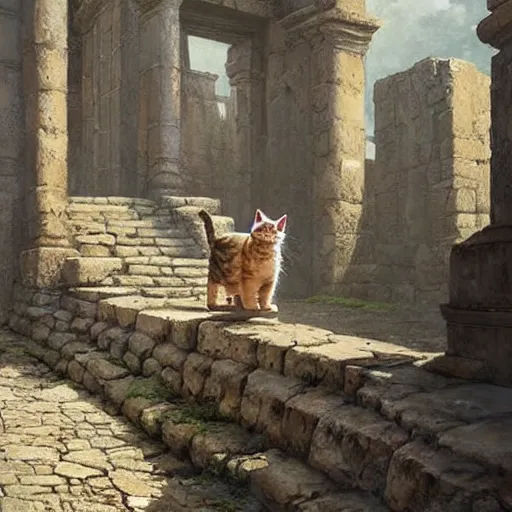Image similar to cat - canibal walking on ancient city, very detailed fine art, top of pinterest, trend of artistation, style of ( ( ( ( ( greg rutkowski ) ) ) ) )