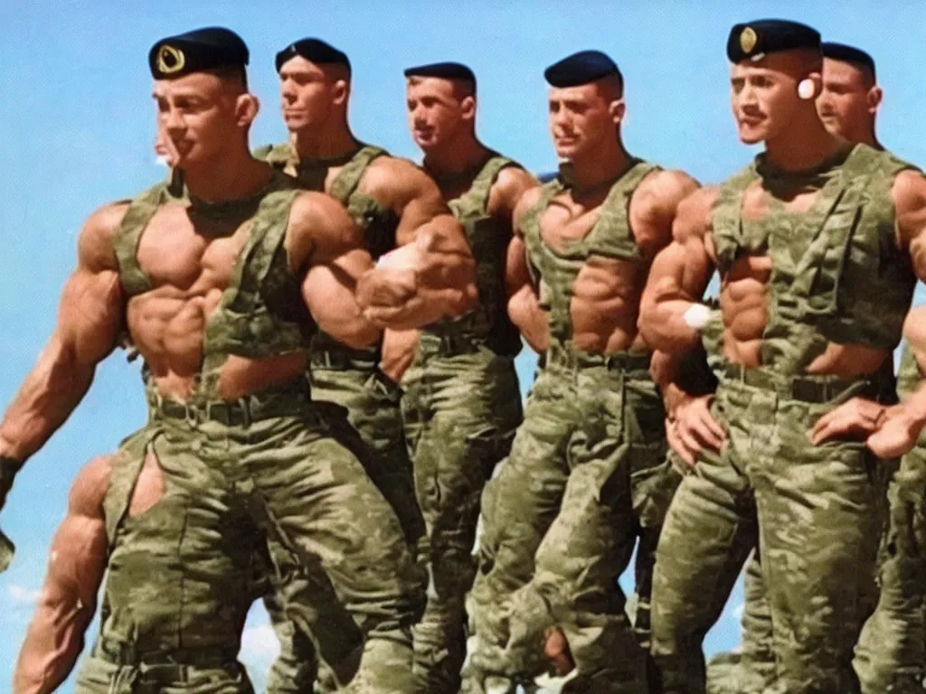 Image similar to vintage 90s VHS video still of muscular males promoting military aircrafts, realistic photo