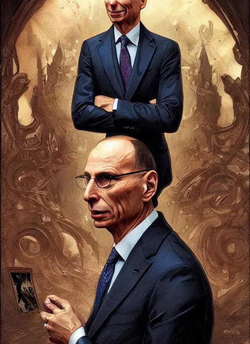 Prompt: enrico letta, wearing a suit, tarot card, deep focus, d & d, fantasy, intricate, elegant, highly detailed, digital painting, artstation, concept art, matte, sharp focus, italian flag, illustration, hearthstone, art by artgerm and greg rutkowski and alphonse mucha