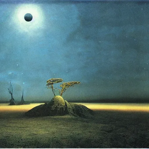 Prompt: an epic fantastic realism matte painting of a hallucinogenic alien planet's landscape under arctic moonlight by zdzisław beksinski by roger dean by john atkinson grimshaw