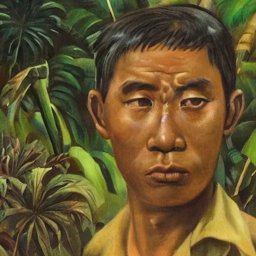 Prompt: the portrait of a communist guerrilla waiting in the dark cervices to ambush, tropical jungle warfare during the Malayan Emergency 1950, masterpiece of social realist oil painting by Chua Mia Tee, British Pathe archive, National War Museum, Nanyang Arts Equator art movement, realistic, cinematic, 8k resolution, intricate jungle. H 768