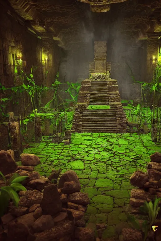 Image similar to a beautiful 3 d stylized interior scene of a dark ancient mayan temple with voodoo magic, green potions, vines, octane, unreal engine,