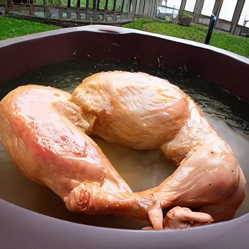 Image similar to the world\'s largest raw chicken in a hot tub