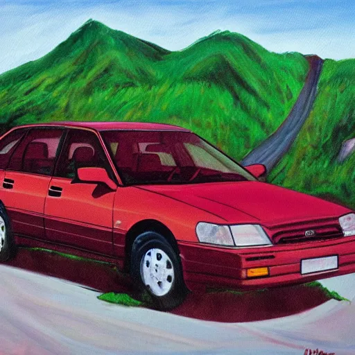 Image similar to maroon 1991 subaru legacy, driving on mountain of salmon skeletons, expressionist painting