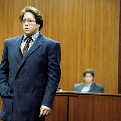 Image similar to James Spader as Alan Shore standing in a courtroom.