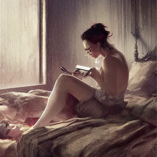 Prompt: Till Lindemann, lying in bed, blushing, A telephone receiver in hand, fantasy art by Greg Rutkowski