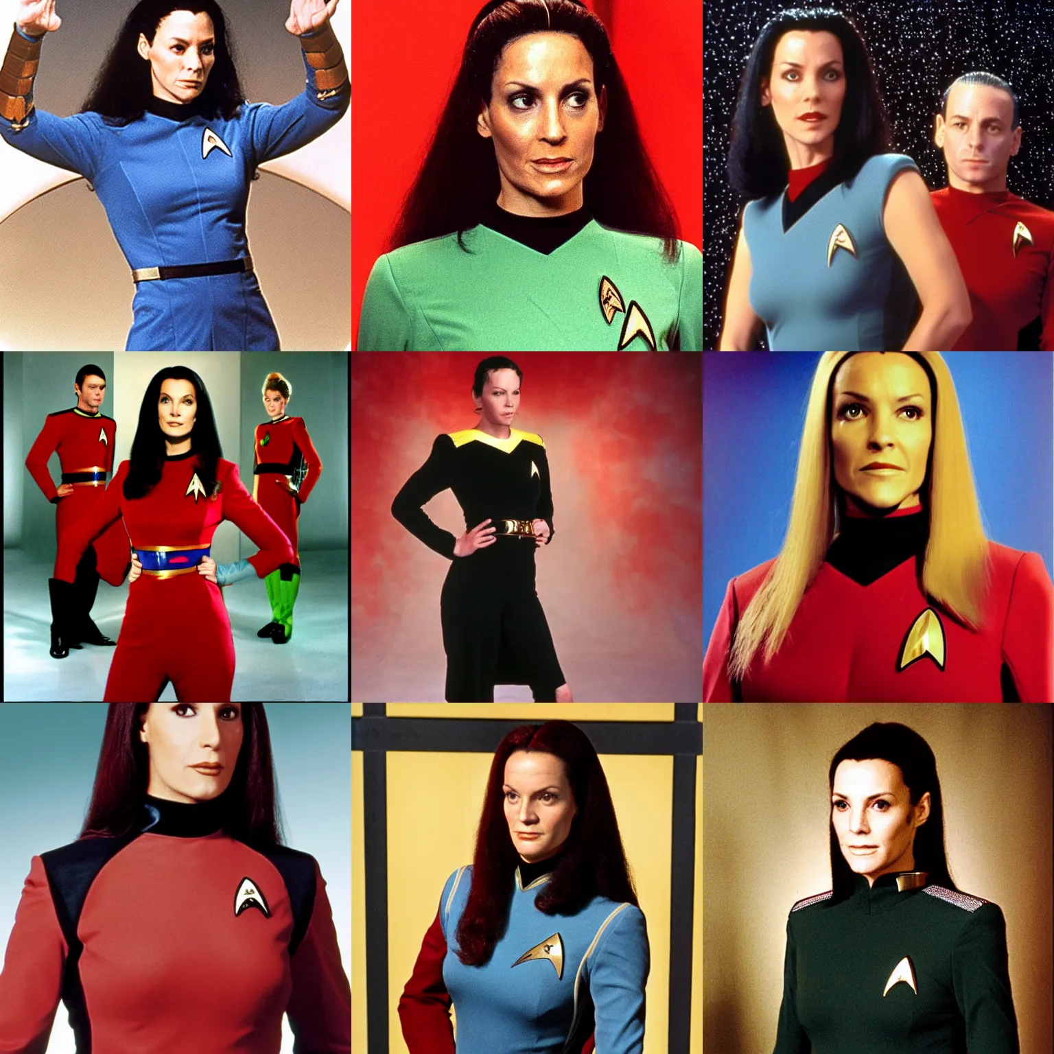 Prompt: lisa mona vinci wearing a captain's uniform from star trek the next generation red uniform with black shoulders and four pips
