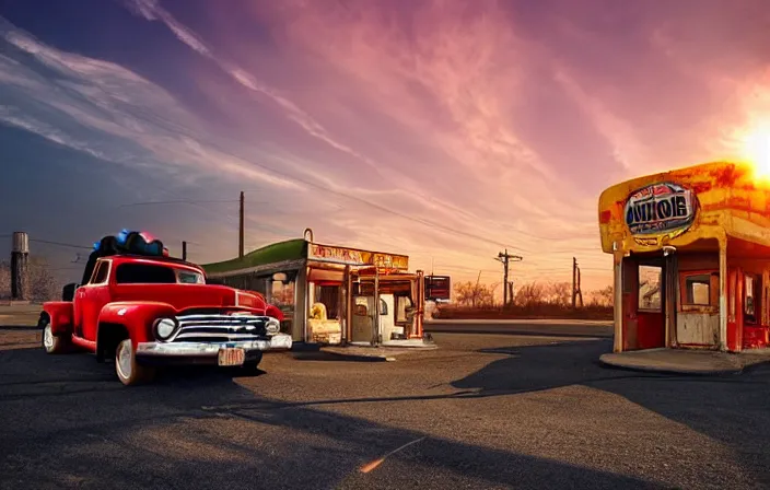 Image similar to a sunset light landscape with historical route 6 6, lots of sparkling details and sun ray ’ s, blinding backlight, smoke, volumetric lighting, colorful, octane, 3 5 mm, abandoned gas station, old rusty pickup - truck, beautiful epic colored reflections, very colorful heavenly, softlight