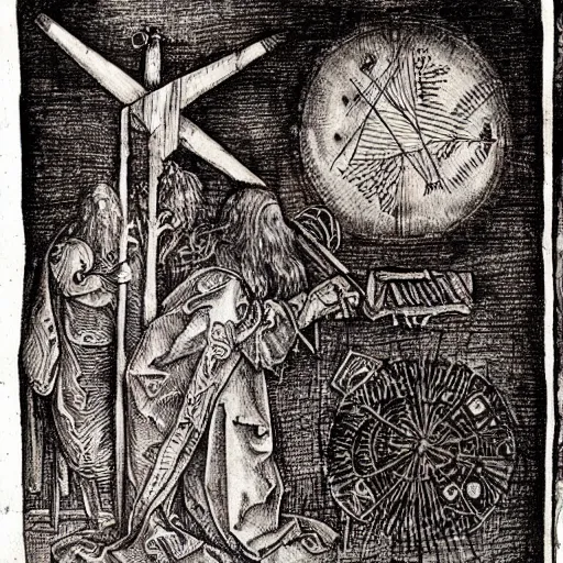 Prompt: alchemical symbols, ancient manuscripts, pen and ink drawings, etchings in the style of Albrecht Durer