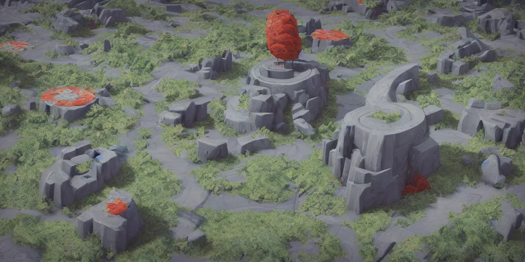 Image similar to 3d painted landscape in the year 2020 with a single small brutalism monument in the center by james jean painted in no mans sky style, redshift, octane