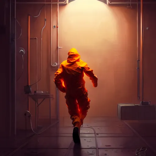 Prompt: commission of a man in an orange hazmat suit running from a mutant in a laboratory ,character design by charles bowater,greg rutkowski,ross tran,hyperdetailed,hyperrealistic,4k,deviantart,artstation,professional photography,concept art