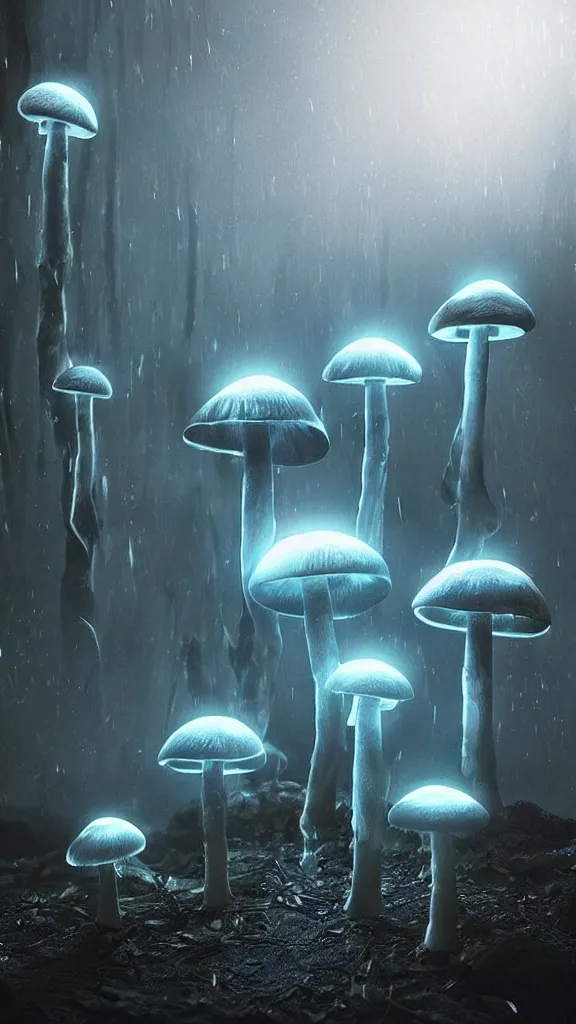 Prompt: “bioluminescent crystal mushrooms, Artstation HQ, photorealistic, hiperrealistic, sharp focus, 4k UHD, Unreal Engine 5, cinematic shot, cinematic lightning, dark tones, high contrast, intricate, mysctical, masterpiece”