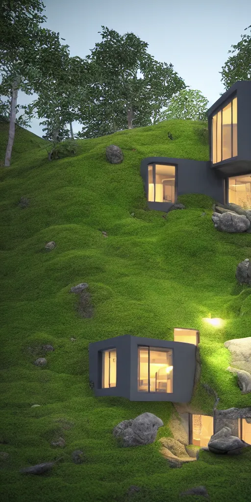 Prompt: a night photo of a contemporary house with large, bright windows. The house is a massive boulder covered in moss. Megascans, 8k, unreal engine 5.