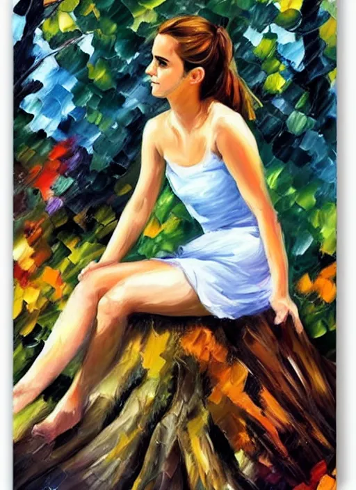 Prompt: half portrait of emma watson sitting on a tree stump in a field, by leonid afremov