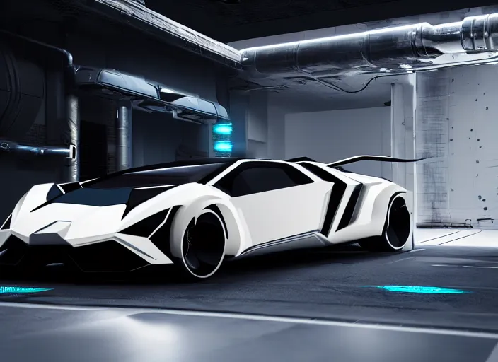 Image similar to cyberpunk lamborghini concept inspired car, futuristic look, highly detailed body, aerodynamic body, photorealistic camera shot, bright studio setting, studio lighting, crisp quality and light reflections, unreal engine 5 quality render