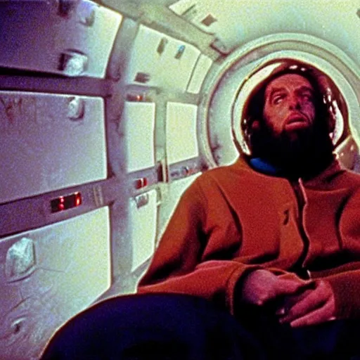 Image similar to a homeless man in Space Odyssey 2001, film still