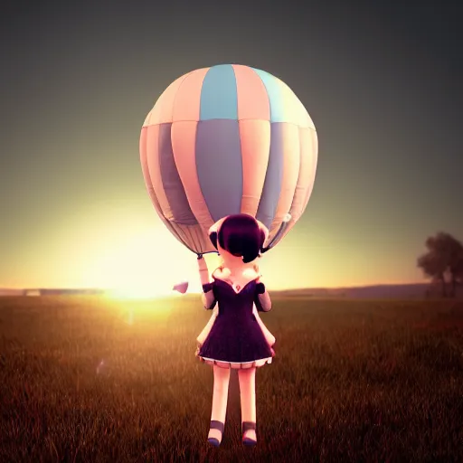 Image similar to cute fumo plush of a girl in a hot air balloon, vray render, lens flare, anime girl