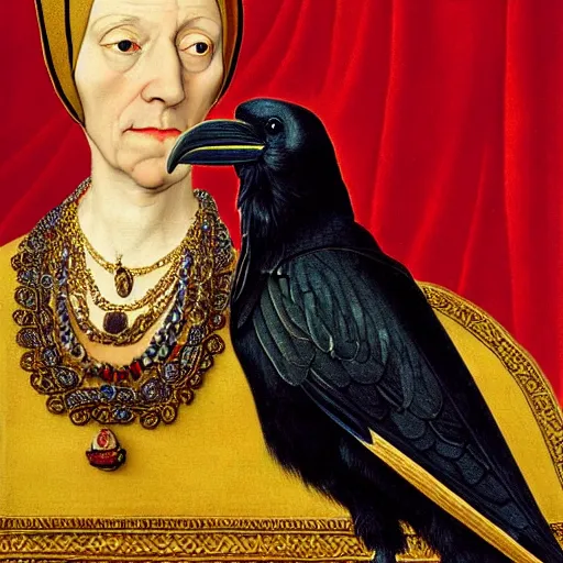 Image similar to a highly detailed painting of a raven dressed in an elegant embroidered vest, using a golden tudor necklace, in a room with thick red tapestries, by hans holbein
