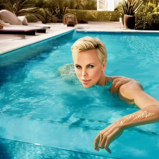 Image similar to charlize theron swimming in a pool filled with catsup