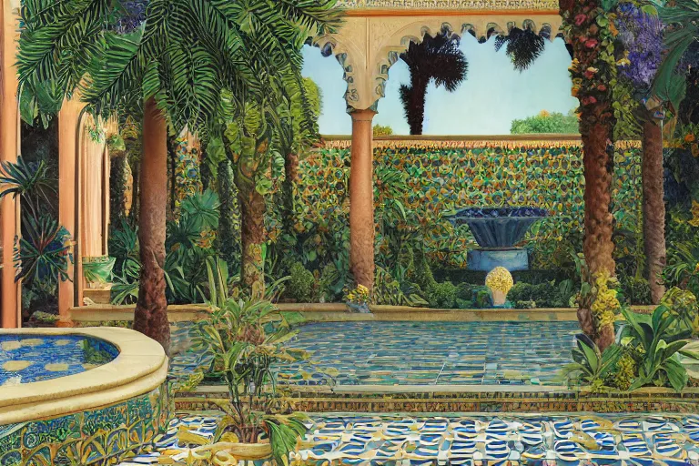 Image similar to painting of a beautiful moorish palace courtyard garden, by alayna danner and maxfield parrish and evelyn de morgan, patterned tilework, palm trees, tiled fountains, extremely detailed, cinematic lighting, smooth sharp focus