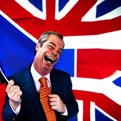 Image similar to nigel farage laughing and holding a burning eu flag, studio photograph, hd, studio
