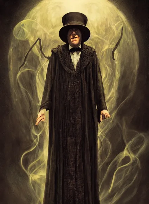 Image similar to moe howard as aleister crowley the grand mage of thelema. art by tom bagshaw and greg danton and manuel sanjulian