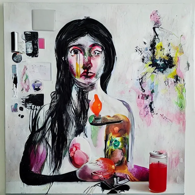 Image similar to “ a portrait in a female art student ’ s apartment, sensual, a pig theme, art supplies, paint tubes, ikebana, herbs, a candle dripping white wax, black walls, squashed berries, berry juice drips, acrylic and spray paint and oilstick on canvas, surrealism, neoexpressionism ”