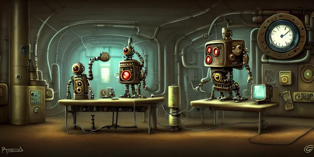 Image similar to steampunk robot happy Funny cartoonish with red eyes at a nuclear control room, by Gediminas Pranckevicius H 704