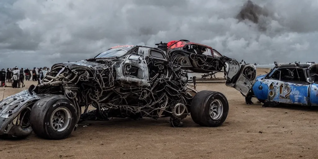 Prompt: the most craziest extreme mad max style car race in history, along a beach in cornwall, really extreme cyberpunk brutal racing machines, gritty, crash, custom fighting speed machines, spectators, smoke, dust, waves, cloudy blue sky