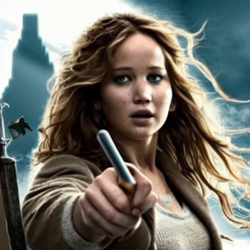 Prompt: jennifer lawrence as hermione granger with a wand in her hand before combat
