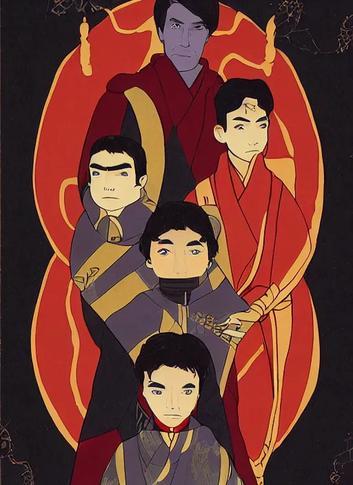 Image similar to family portrait of duke leto atreides and prince paul atreides, dune, in the style of yamato - e, traditional japanese, tosa school, tosa mitsuoki, tosa mitsunobu, iwasa matabei.