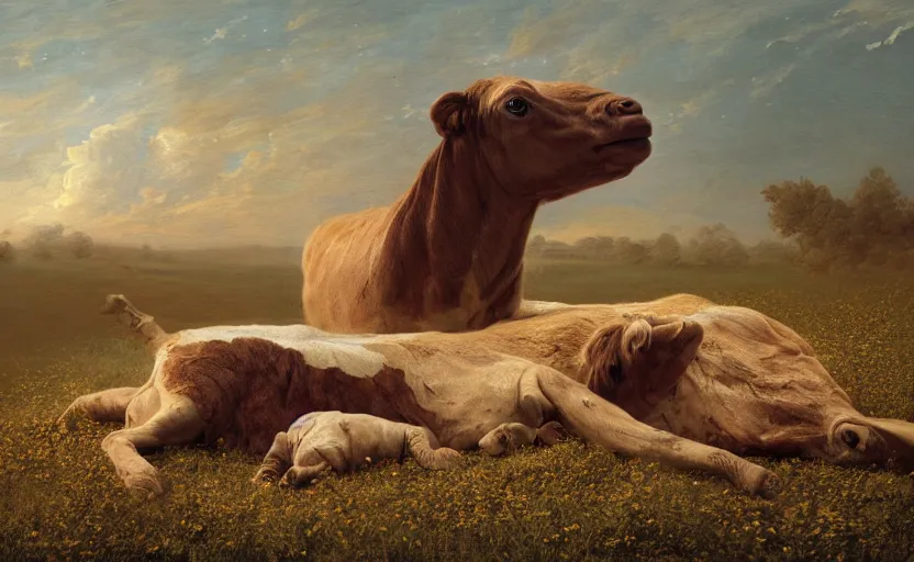 Prompt: a two headed brown calf ( ( laying down alone ) ) in a pasture, windy, stoic, modern, cgsociety, hyperdetailed, dramatic, stars, epic painting, shooting stars, painted by jean honore fragonard and greg rutkowski, full body, octane render, sharpness, 8 k, golden ratio