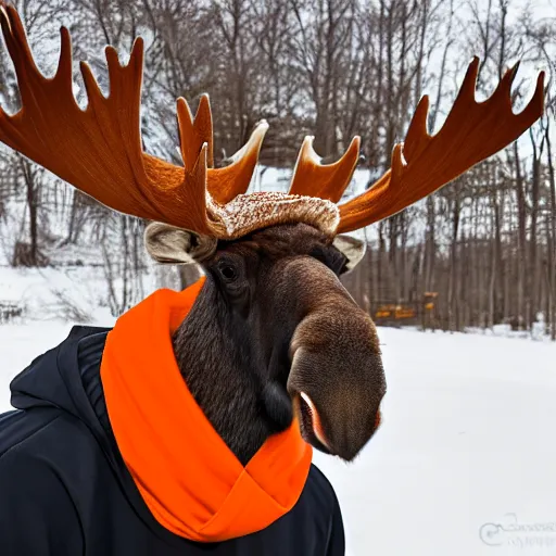 Image similar to a moose with an orange hoodie and antlers selling coffee at a stand in peterborough new hampshire, realistic, 8 k