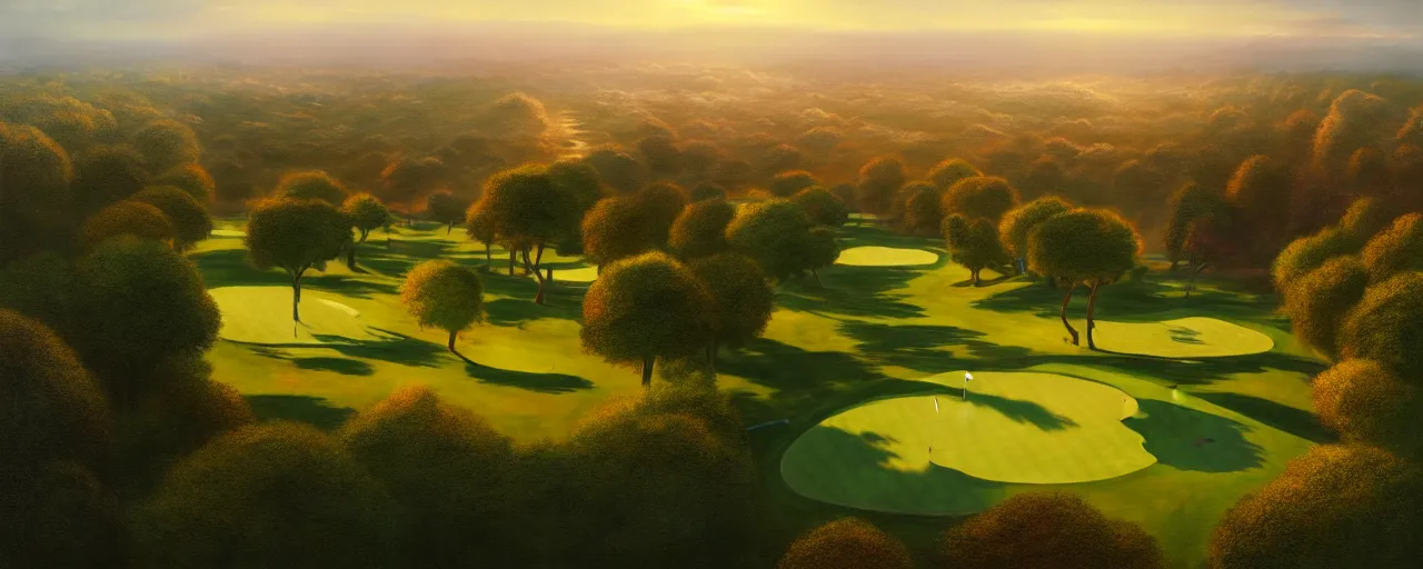 Image similar to Concept art, beautiful painting of a small golf course in the midst of huge mega city nearby the sea, 8k, Jeremy Cheung, greg rutkowski, artstation, aerial view, wide angle, 18mm, cinematic shot, golden hour, ArtStation