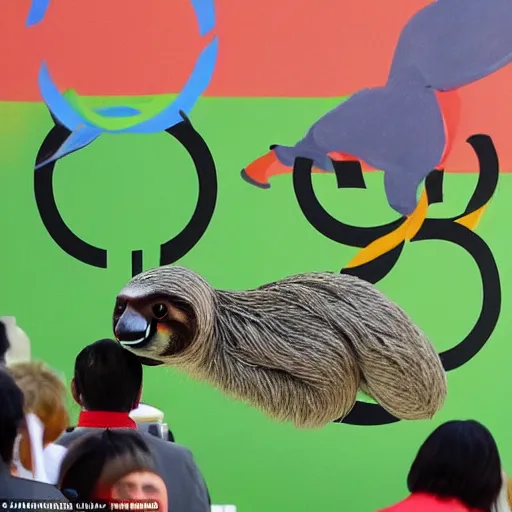 Image similar to a sloth, in a 1 0 0 m race against animals, at the tokyo olympics, with animals in the audience, in painting form