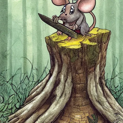 Prompt: a mouse with a sword sits on a stump, deep forest, by rivuletpaper, rivuletpaper art, MouseGuard by David Petersen, small details, realistic illustration,