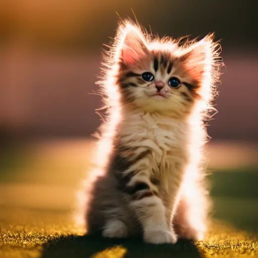 Image similar to an adorable smol fluffy kitten at golden hour, bokeh,