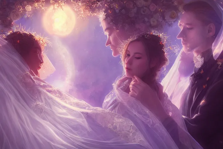 Image similar to a dreamlike cinematic portrait of wedding photograph close up moment of a divine a russia sun god and moon goddess lovers magician at a wedding banquet. portraiture. digital painting. artstation. concept art. fantasy wedding photo. digital painting, 8 k realistic, hyper detailed, violet evergarden art masterpiece by art by krenz cushart