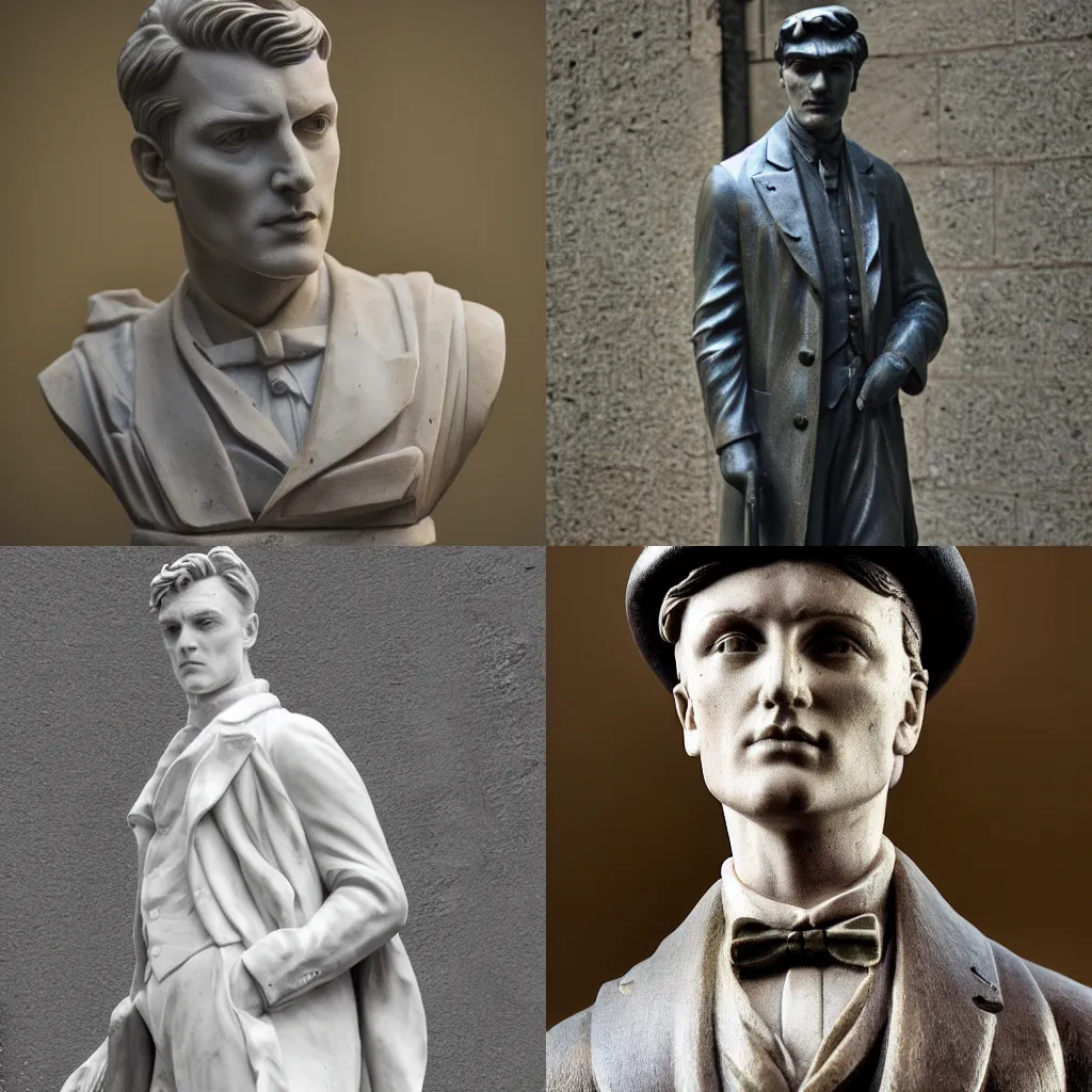 Prompt: A marble statue of Tommy Shelby photograph Roman close angle