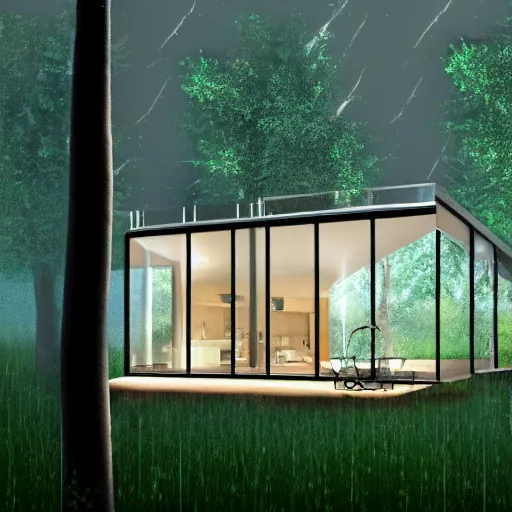 Prompt: cottage in clearing surrounded by trees, the windows are lit, raining, storming, very raining, concept art