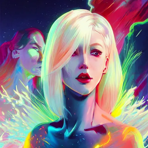 Image similar to half - monster woman, white and multicolored hair, surrounded by electricity, cosmic background, with cute - fine - face, pretty face, realistic shaded perfect face, fine details by realistic shaded lighting poster by ilya kuvshinov katsuhiro otomo, magali villeneuve, artgerm, jeremy lipkin and michael garmash and rob rey