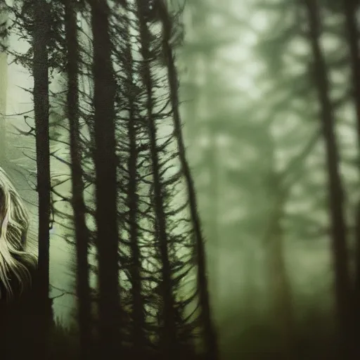 Image similar to woman in forest, double exposure photography, photorealistic, twilight, fog, haunted