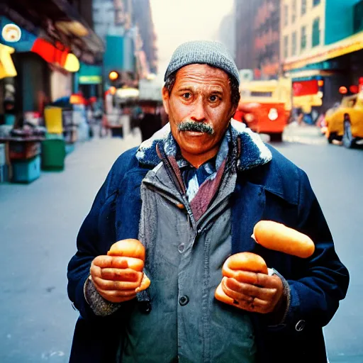 Prompt: closeup portrait of a sneaky man selling hotdogs from his coat in a smoky new york back street, by Annie Leibovitz and Steve McCurry, natural light, detailed face, CANON Eos C300, ƒ1.8, 35mm, 8K, medium-format print