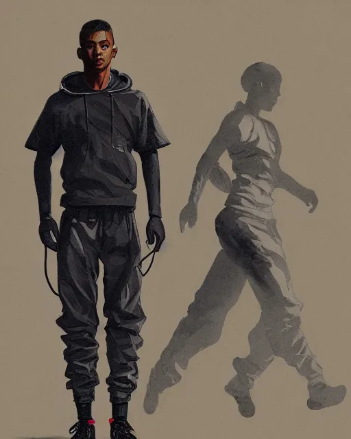 Image similar to Medium shot of a character wearing Nike ACG+Acronym P31-DS Pants in the style of greg rutkowski